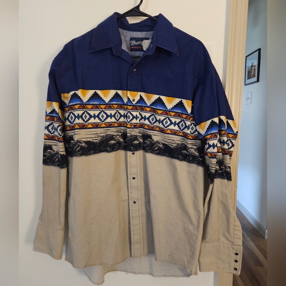 Vintage Wrangler Pearl Snap Western  Aztec Horse Stampede Shirt
